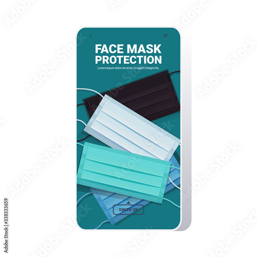 set colorful antiviral medical respiratory face masks protection against coronavirus covid-19 prevention health care concept smartphone screen mobile app copy space vector illustration