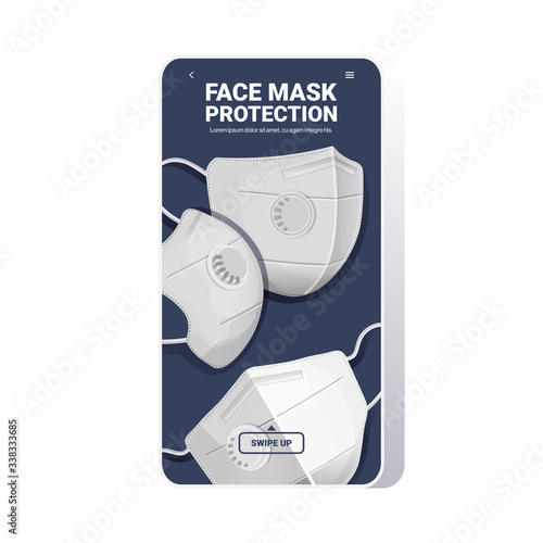 antiviral medical respiratory face masks coronavirus protection covid-19 prevention health care concept smartphone screen mobile app vector illustration