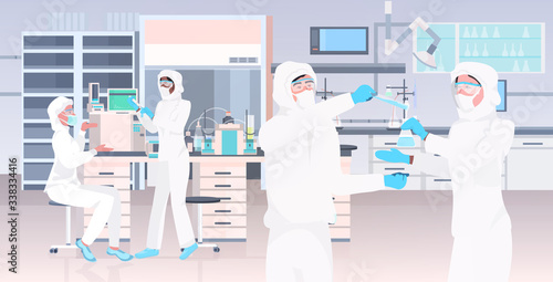 scientists team in uniform holding test tubes working in medical lab researchers making chemical experiments modern laboratory interior horizontal portrait vector illustration