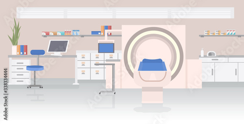 hospital room with MRI magnetic resonance imaging scan device medical healthcare concept laboratory with high technology contemporary equipment horizontal vector illustration