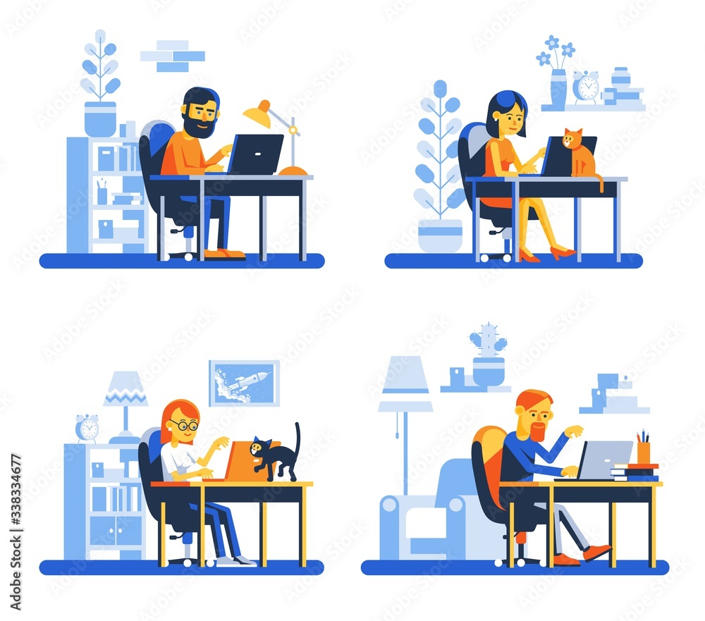 People work with laptops sitting at the table. Men and women online workers with computers. Vector illustration.