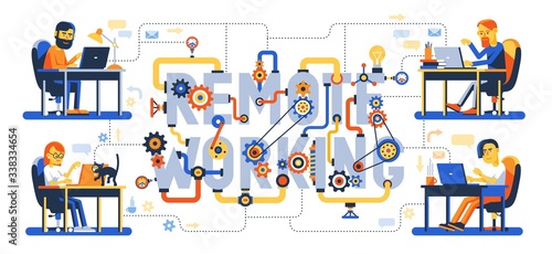 Remote working - creative concept. Development team work on a project online. People with laptop - flat characters. Vector illustration.