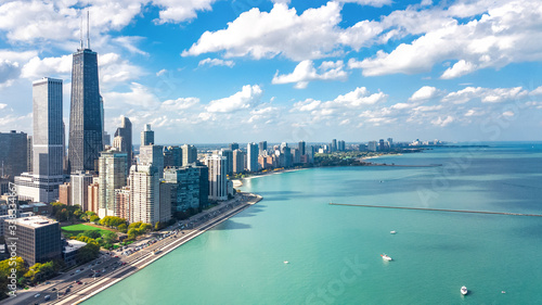 Chicago skyline aerial drone view from above, city of Chicago downtown skyscrapers and lake Michigan cityscape, Illinois, USA 
