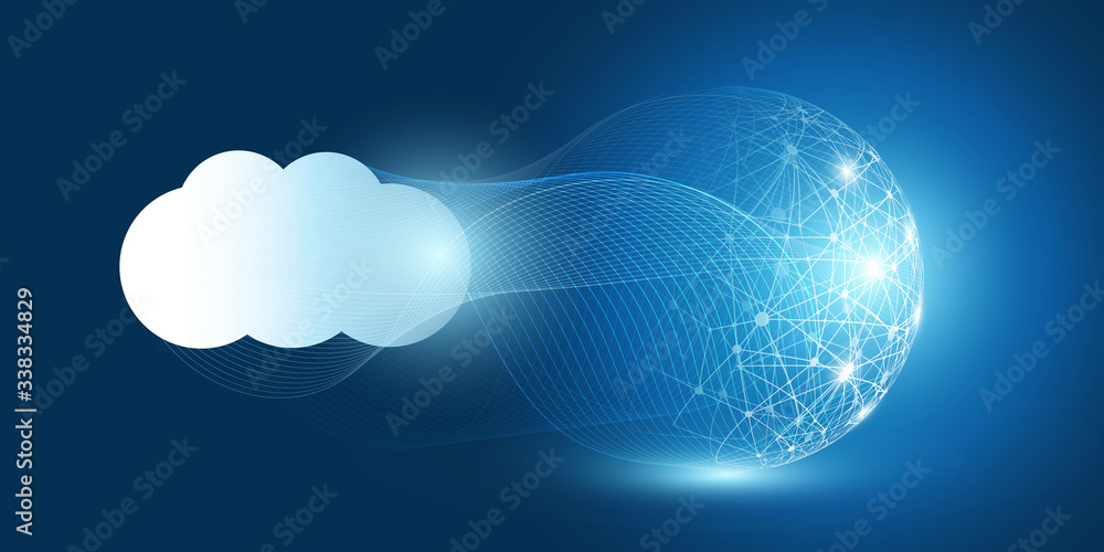 Fototapeta premium Cloud Computing Design Concept - Digital Connections, Technology Background with Wire Frame Sphere and Geometric Network Mesh