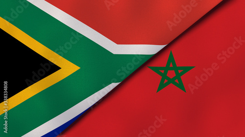 The flags of South Africa and Morocco. News, reportage, business background. 3d illustration