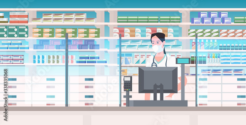 female doctor pharmacist in face mask standing at pharmacy counter drugstore interior medicine healthcare concept horizontal portrait vector illustration