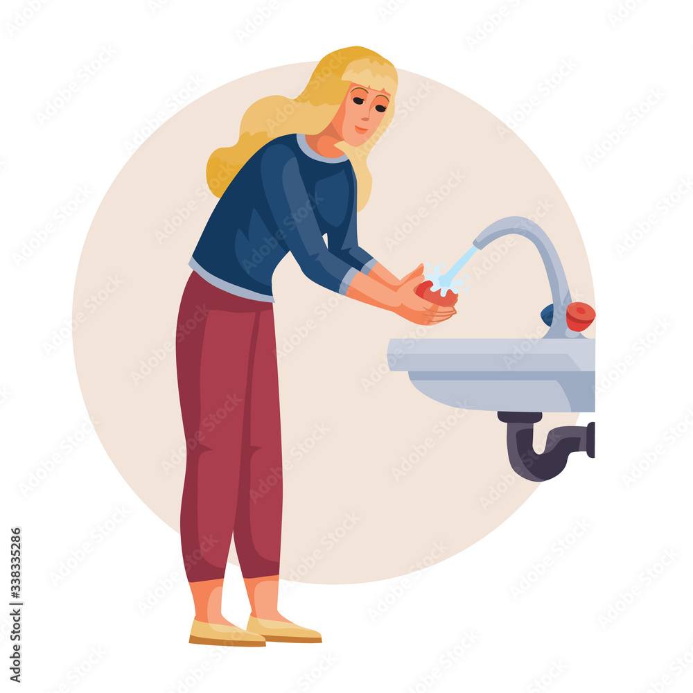 woman washes her hands under running water, hygiene, vector illustration, woman washes her hands under running water, hygiene, vector illustration,