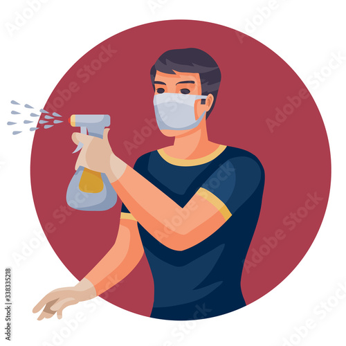 a man in a blue T-shirt and with a mask on his face sprays a disinfector through a pulivator, vector illustration,