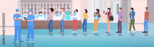 doctor and mix race patients wearing face masks to prevent coronavirus pandemic people standing in line queue at hospital reception desk clinic interior horizontal vector illustration