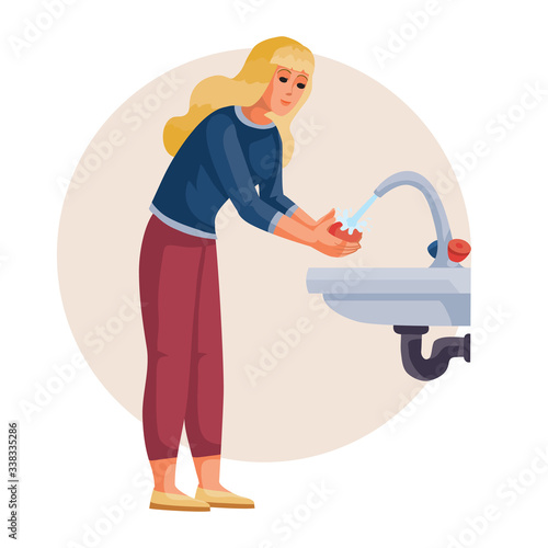 woman washes her hands under running water, hygiene, vector illustration,