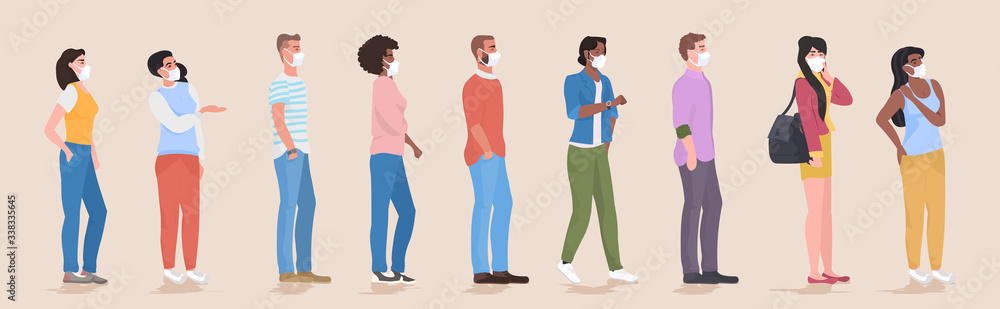 mix race people wearing face masks to prevent covid-19 coronavirus men women keeping 1 meter distance social distancing health care concept horizontal full length vector illustration