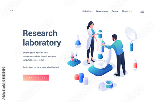 Isometric design of template about research laboratory and workers