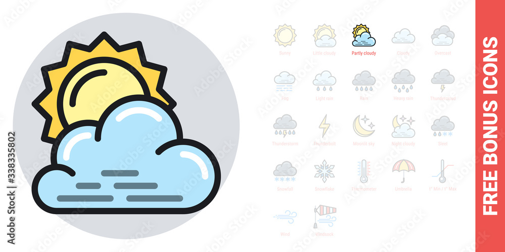 Partly cloudy or partially cloudy icon for weather forecast application or widget. Sun behind the cloud. Simple color version. Free bonus icons kit included Partly cloudy or partially cloudy icon for weather forecast application or widget. Sun behind the cloud. Simple color version. Free bonus icons kit included