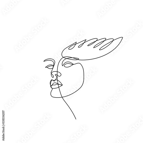 Woman's head with wings, One line drawing art, Abstract minimalist face freehand black and white  Sketch