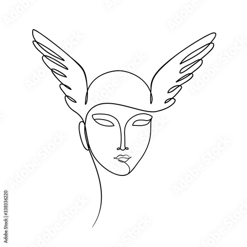 woman's head with wings, One line drawing art, Abstract minimalist face freehand black and white  Sketch
