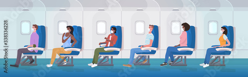 airplane people wearing medical face masks to prevent coronavirus covid-19 pandemic prevention concept men women traveling by plane horizontal full length vector illustration