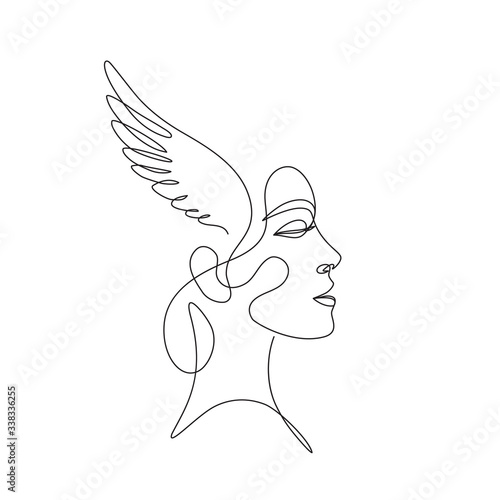 woman's head with wings, abstract female portrait one line drawing art , freehand black and white outline Sketch