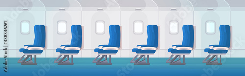 airliner passenger seats row with portholes empty no people airplane board interior flat horizontal banner vector illustration