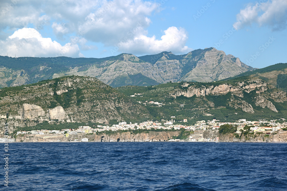 Sorrentine Peninsula - Italy: Panoramic view of the coastline from the sea.