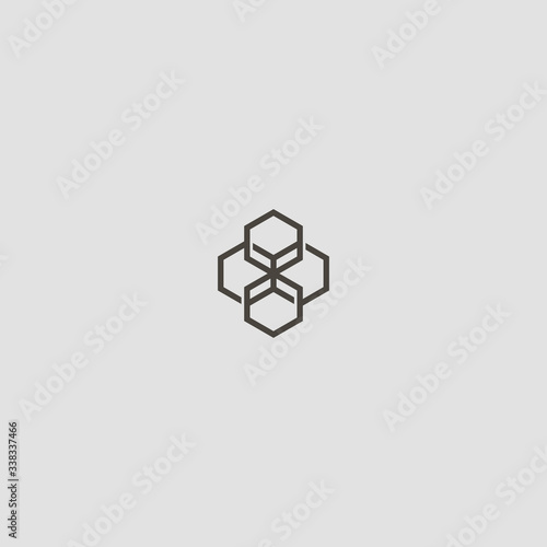black and white simple vector line art geometric outline iconic sign of four interconnected hexagons