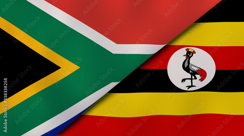 The flags of South Africa and Uganda. News, reportage, business background. 3d illustration