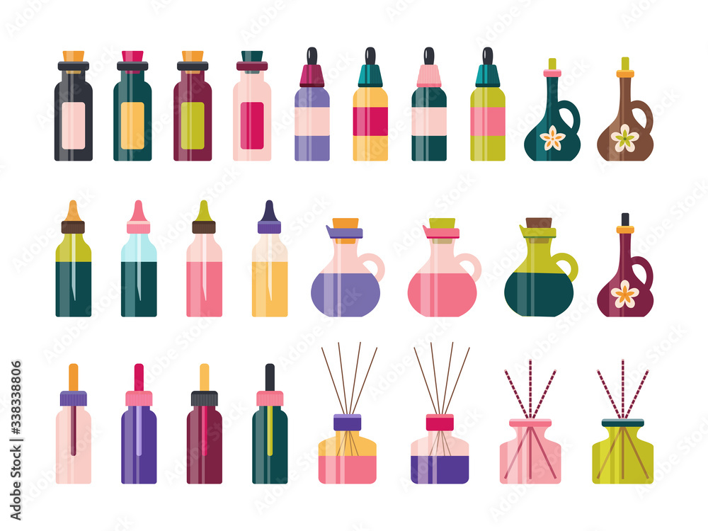 Aromatherapy essential oil glass bottle vector set Aromatherapy essential oil glass bottle vector set