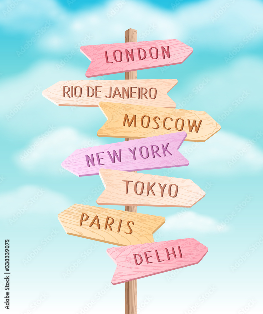 © Tamiris - Vector wooden colorful signpost with direction to different cities. Travel sign board arrow illustration on sky background