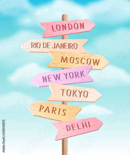 Vector wooden colorful signpost with direction to different cities. Travel sign board arrow illustration on sky background