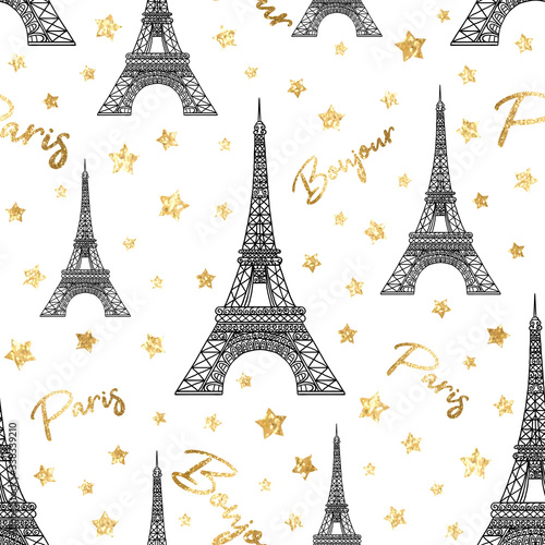 Bonjour Paris seamless pattern with gold glitter stars and Eiffel Tower. France symbol on white background