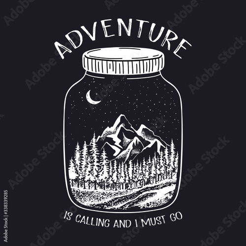 Vector background with moon, forest, mountains and stars inside glass jar. Adventure is calling typography illustration