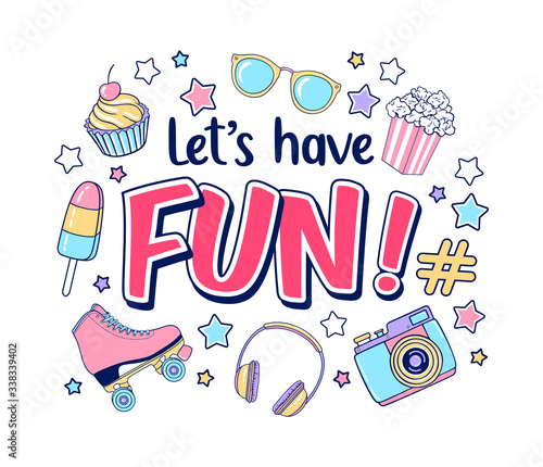 Vector fashion illustration with ice cream, roller skates, headphones, photo camera, stars, popcorn and sunglasses. Let’s have fun colorful party background