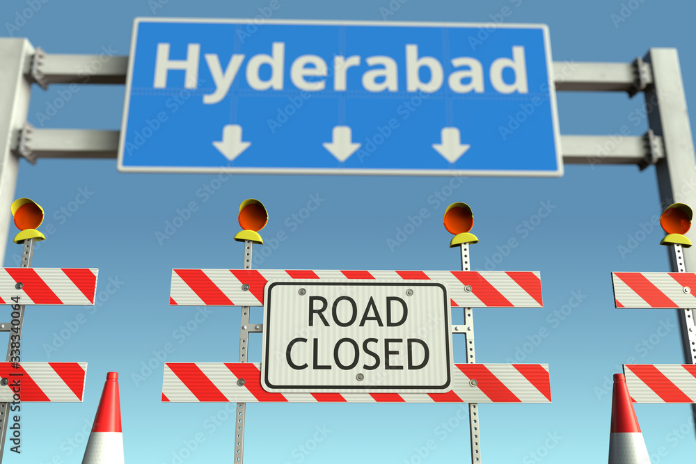 Obraz premium Roadblock near Hyderabad city road sign. Coronavirus disease quarantine or lockdown in India conceptual 3D rendering