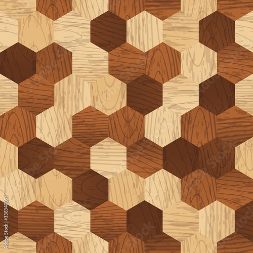 Vector seamless pattern with wooden polygon planks. Old wood texture hexagon parquet background