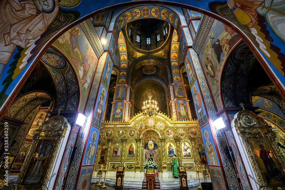 Interior of the St. Michael's Golden Domed Cathedral with altar and fragments of frescoes. Kyiv, Ukraine. April 2020