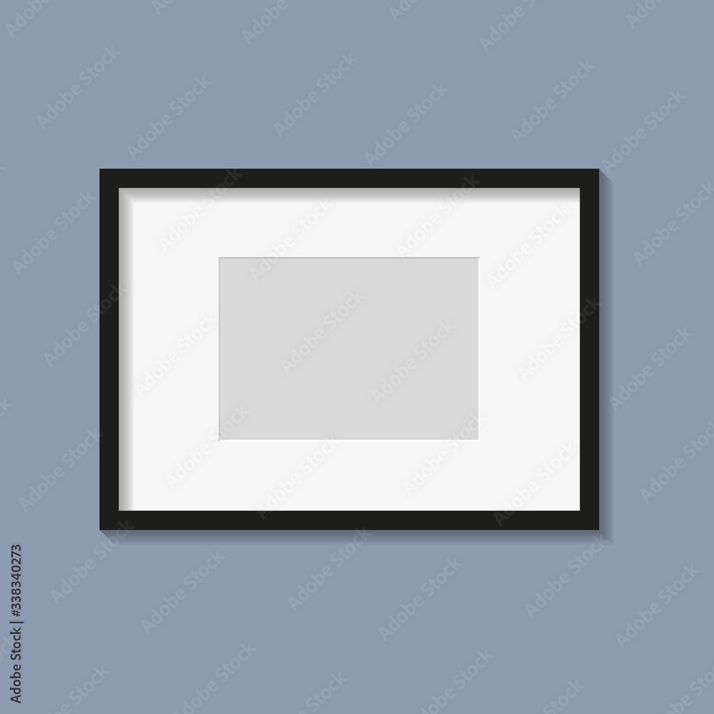 Black photo or picture frame with white mat and shades isolated on dark gray background. Vector illustration. Wall decor. Rectangle horizontal photo frame
Black photo or picture frame with white mat and shades isolated on dark gray background. Vector illustration. Wall decor. Rectangle horizontal photo frame