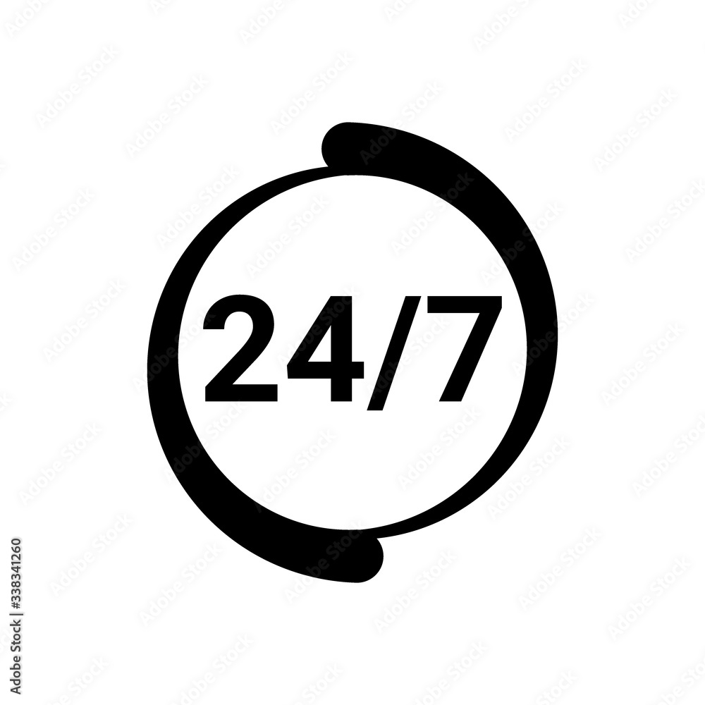 Open 24 7 icon. Service 24 hours day and 7 days week. Open around clock