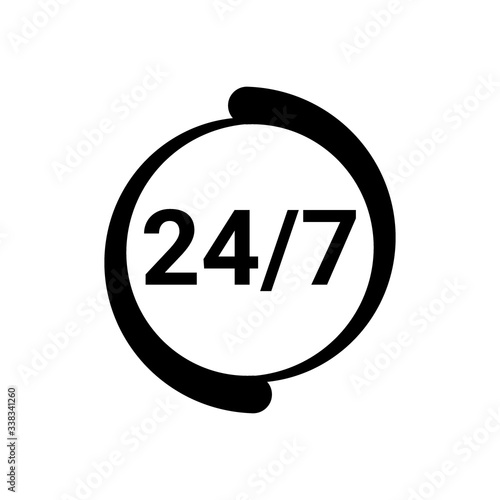 Open 24 7 icon. Service 24 hours day and 7 days week. Open around clock. Black logo template. Flat isolated vector illustration on white background