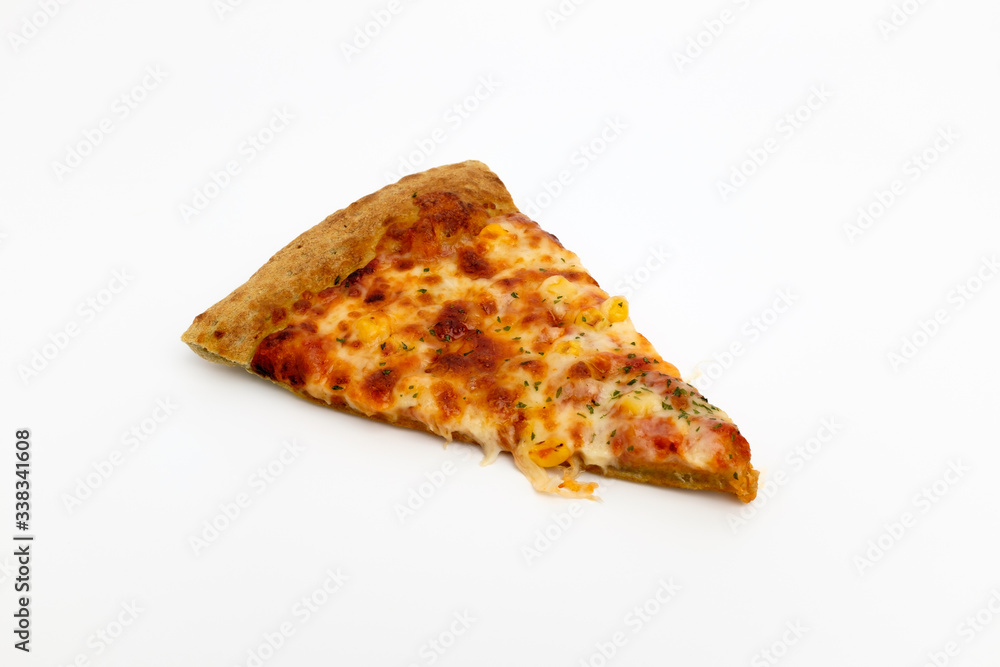 Oven-baked cheese pizza on white background