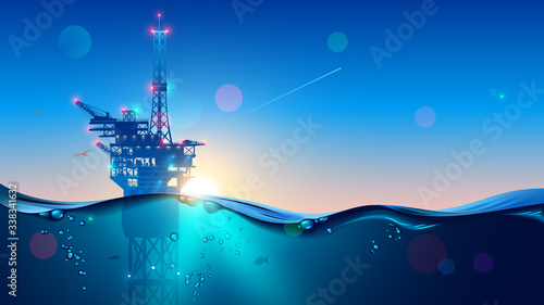 Offshore Oil or Gas Rig in sea at sunset time. industry drill platform in ocean. Water with underwater bubbles with sunrise on horizon. subsea marine landscape. Mining petroleum.