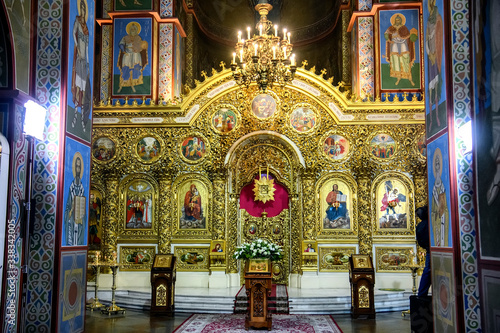 Interior of the St. Michael s Golden Domed Cathedral with altar and fragments of frescoes. Kyiv  Ukraine. April 2020