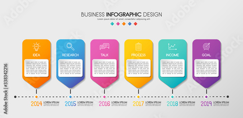 Colourful timeline. Infographic template with 6 options and business icons. Vector