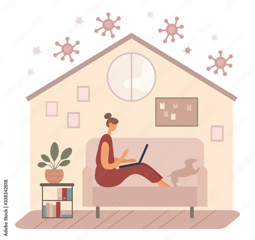 Modern woman using laptop on couch during quarantine Modern woman using laptop on couch during quarantine