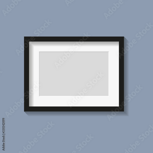 Black photo or picture frame with white mat and shades isolated on dark gray background. Vector illustration. Wall decor. Rectangle horizontal photo frame