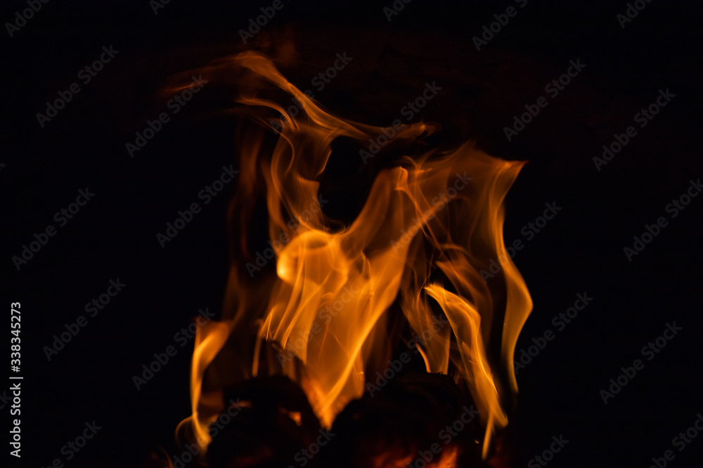 Burning wood in the furnace. Fiery tongues of flames