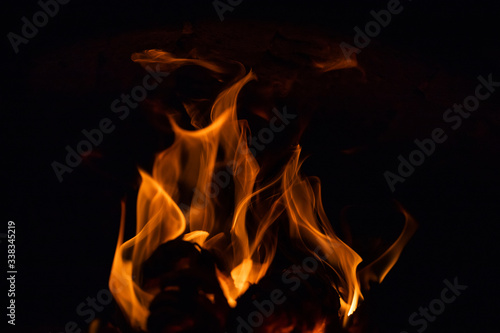 Burning wood in the furnace. Fiery tongues of flames