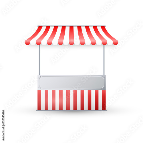 Realistic empty market stall with red and white striped awning. Template street trading, retail stand for grocery goods. Vector illustration