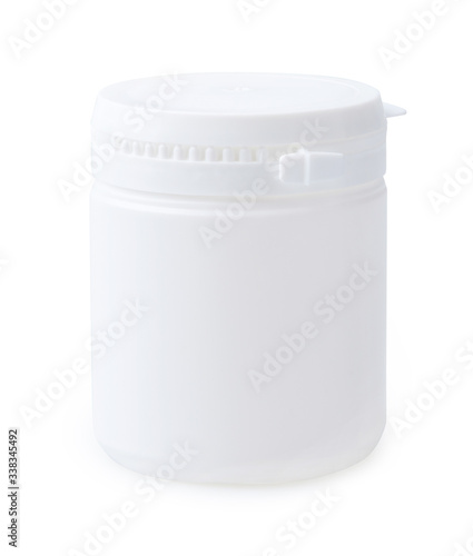 Round white matte plastic jar (bottle) with lid isolated on a white background with clipping path.