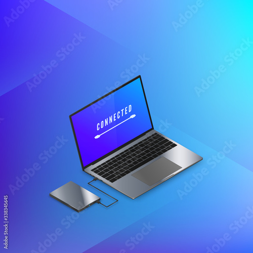 Hard Disk Drive connected to laptop isometric banner in blue colors. Technology background. Vector illustration