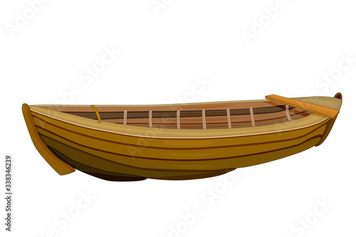 Wooden boat isolated on white background. Empty brown fishing boat side view. Hobby and fishery, fishing rowing transport, kayaking extreme sports or entertainment,  tourist shop. Stock vector