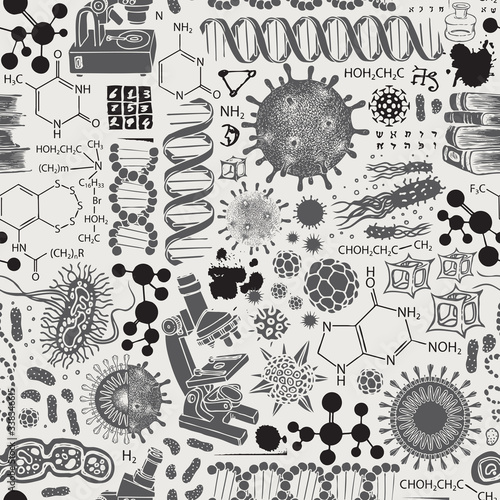 Vector seamless pattern on the theme of chemistry, biology, genetics, medicine. Abstract background with hand-drawn sketches. Black and white illustration in retro style
